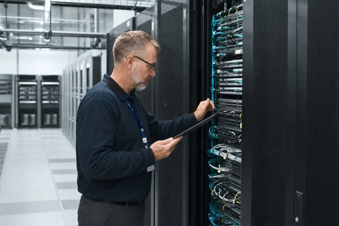 Engineer reviewing enterprise routing and switching infrastructure
